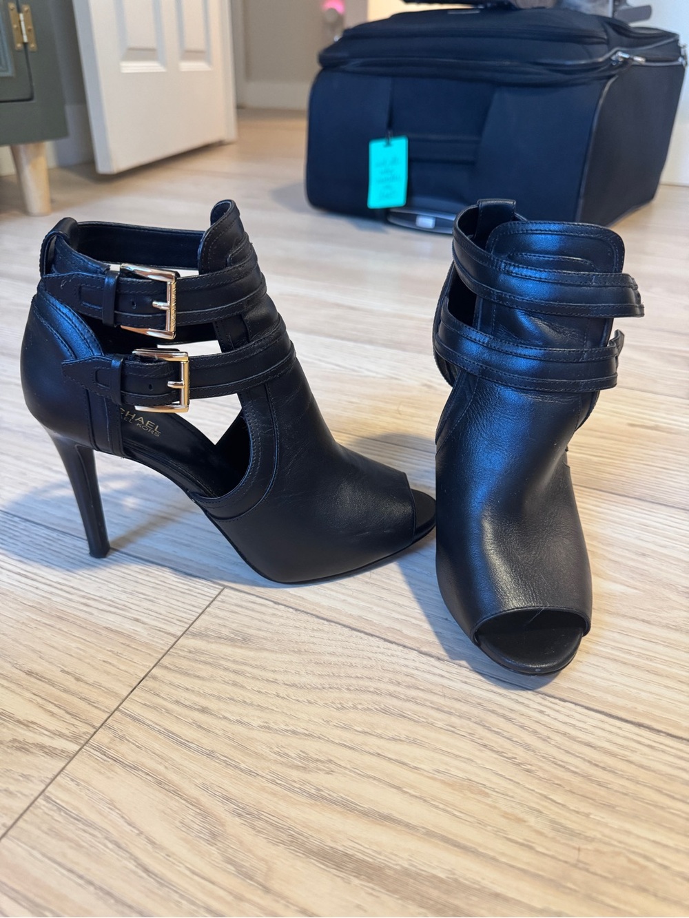 Michael Kors Black Leather Peep-Toe Heel Booties with Gold Buckles